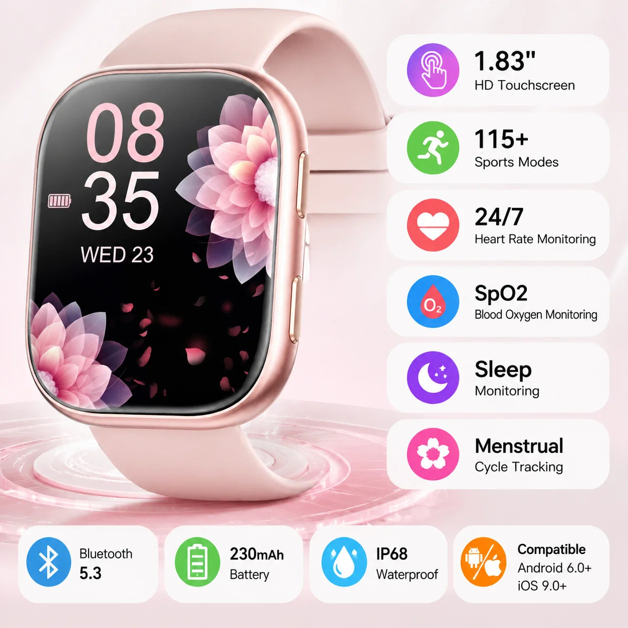 Ladies Smart Watch Fitness Tracker 2026 Updated Version 1.83" HD Screen 115+ Sports Mode Health Watch Sleep Heart Rate Menstrual Tracking Waterproof with 7 Bands Gift Box Women Birthday Gift