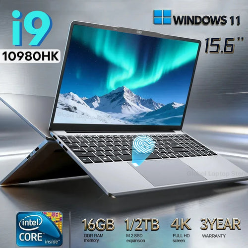 Silver 15.6-inch laptop with thin bezels, black keyboard, large trackpad, fingerprint sensor icon, and side ports.