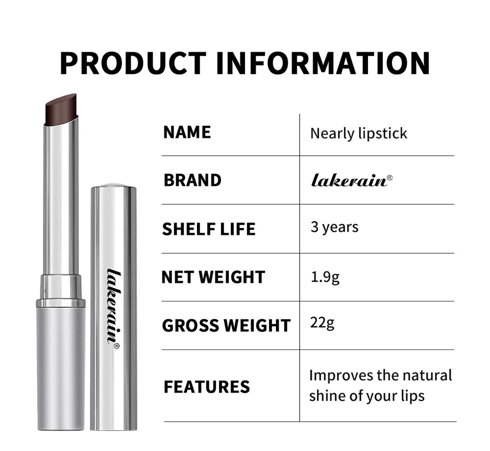 Lakerain long-lasting moisturizing lip balm with a dark, smooth texture in a sleek silver case for shiny, plump lips.