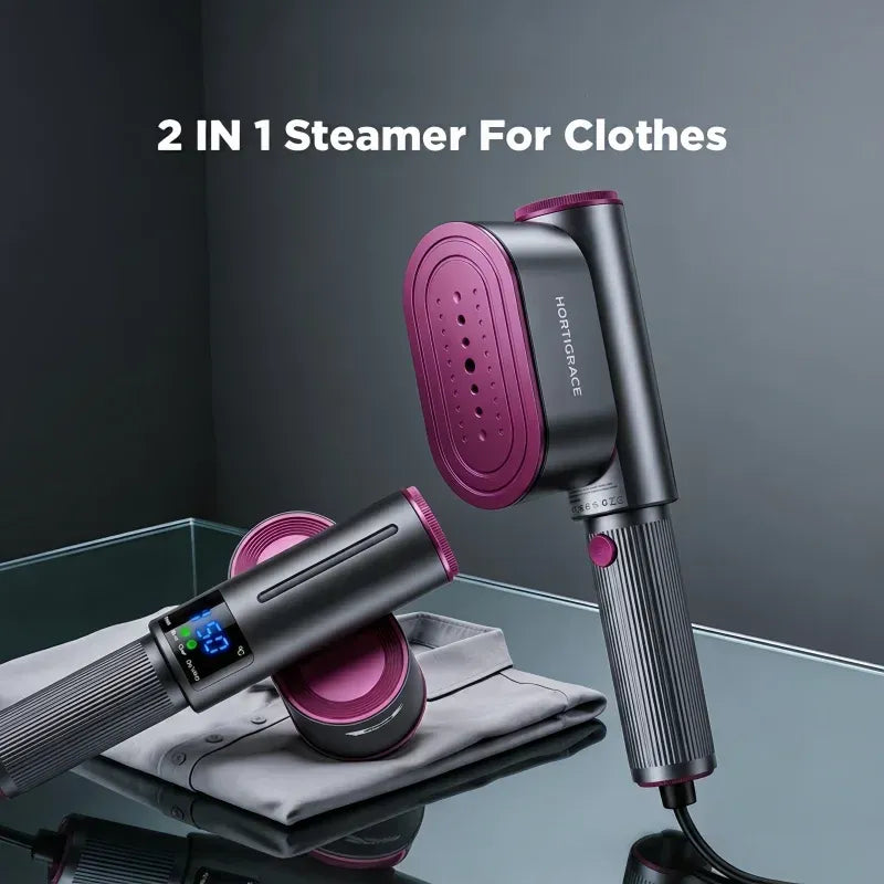 Garment steamer and iron 2-in-1 with digital display and purple accents on a shirt.