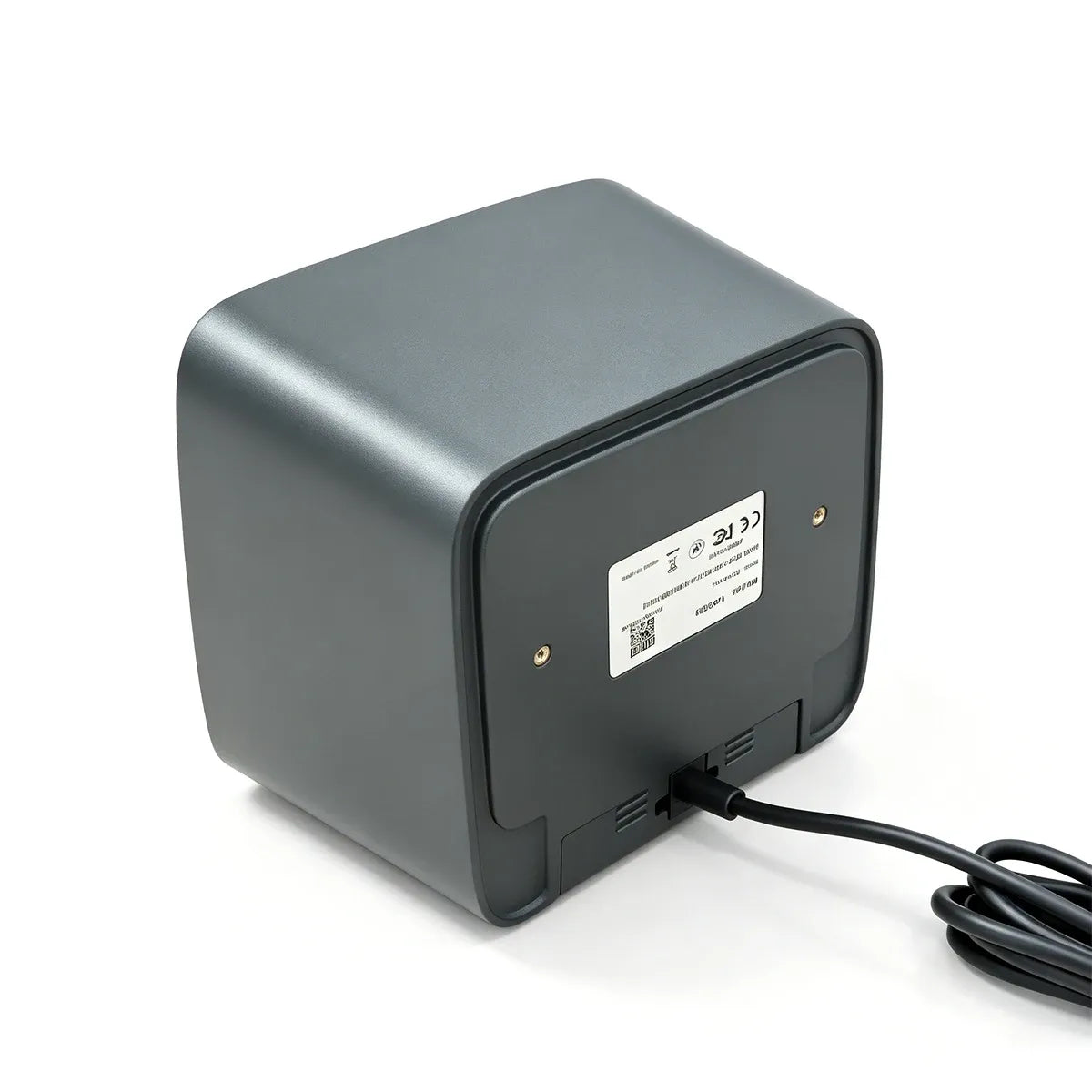 Dark gray desktop barcode scanner, rear panel view with label and USB cable connection