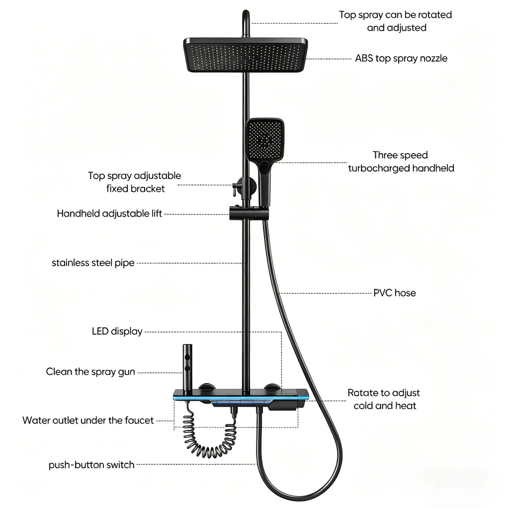 Bathroom Shower System Adjustable Temperature Black Tempered Glass Shower Set Digital Display Ambient Light Copper Mixer Shower