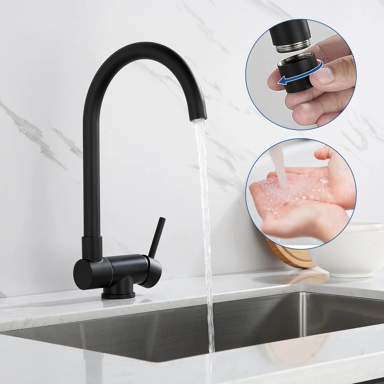 Black Folding Kitchen Mixer, Foldable Kitchen Faucet Against Window in 304 Stainless Steel, 360° Swivel Kitchen Faucet