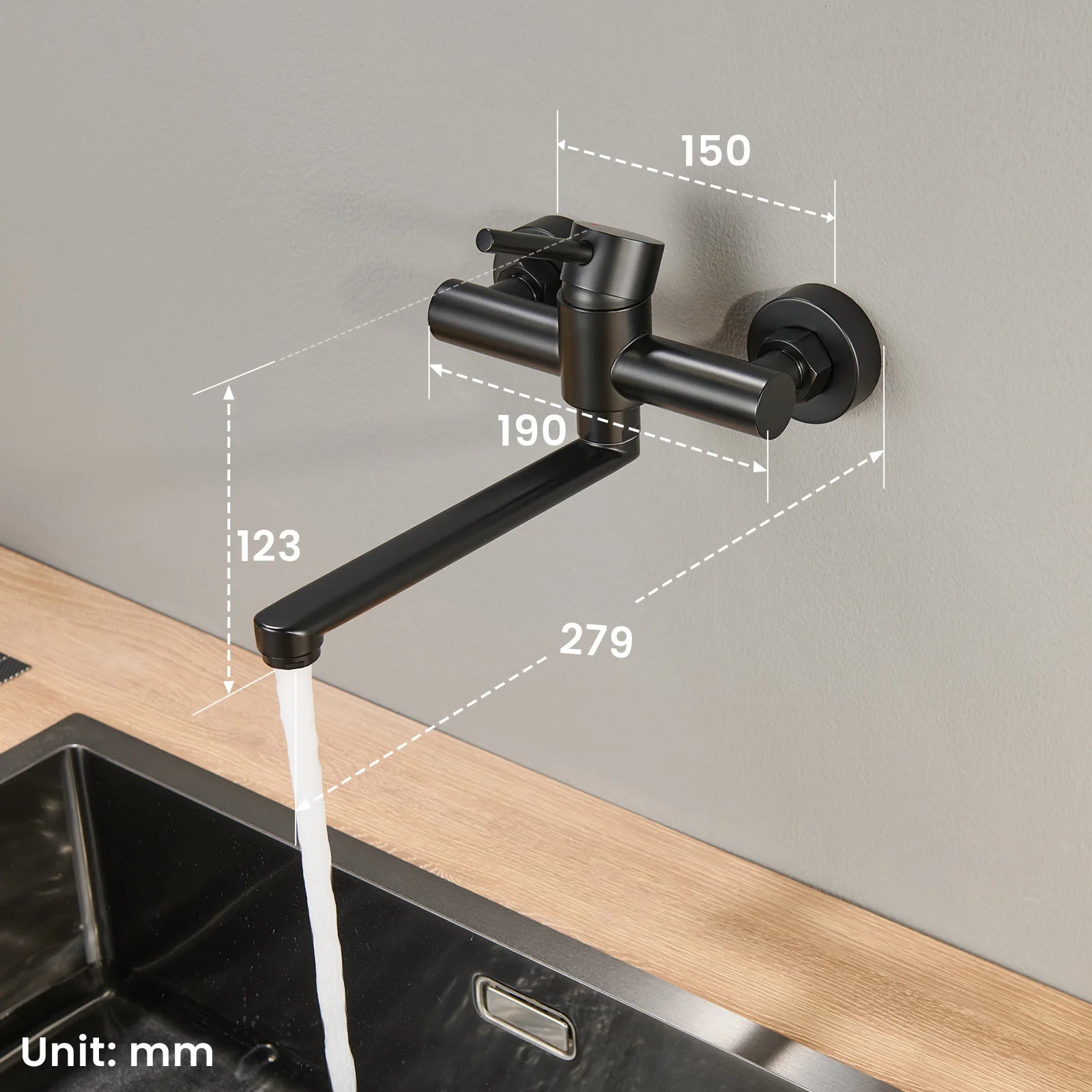 Kitchen Tap Black, Wall Mounted Kitchen Faucet 360 Swivel, Water Saving Hot Cold Mixer 304 Stainless Steel, Single Handle with Aerator, Sink Mixer Tap for Home Modern Design Replacement