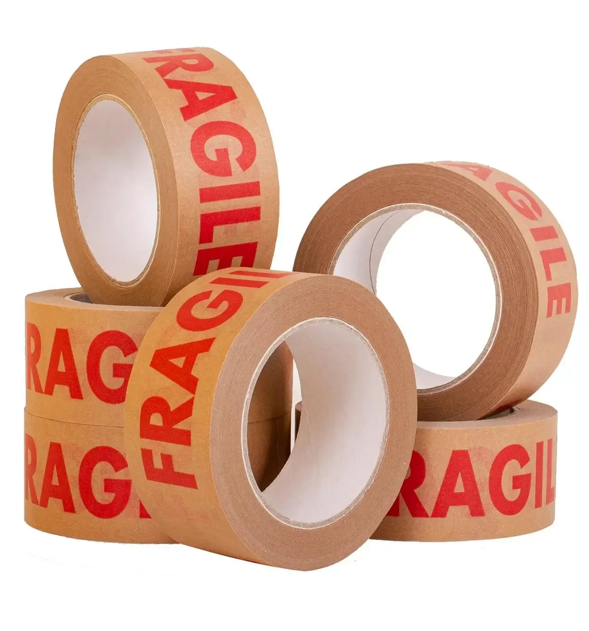 Multiple rolls of kraft paper tape printed with red “FRAGILE” lettering