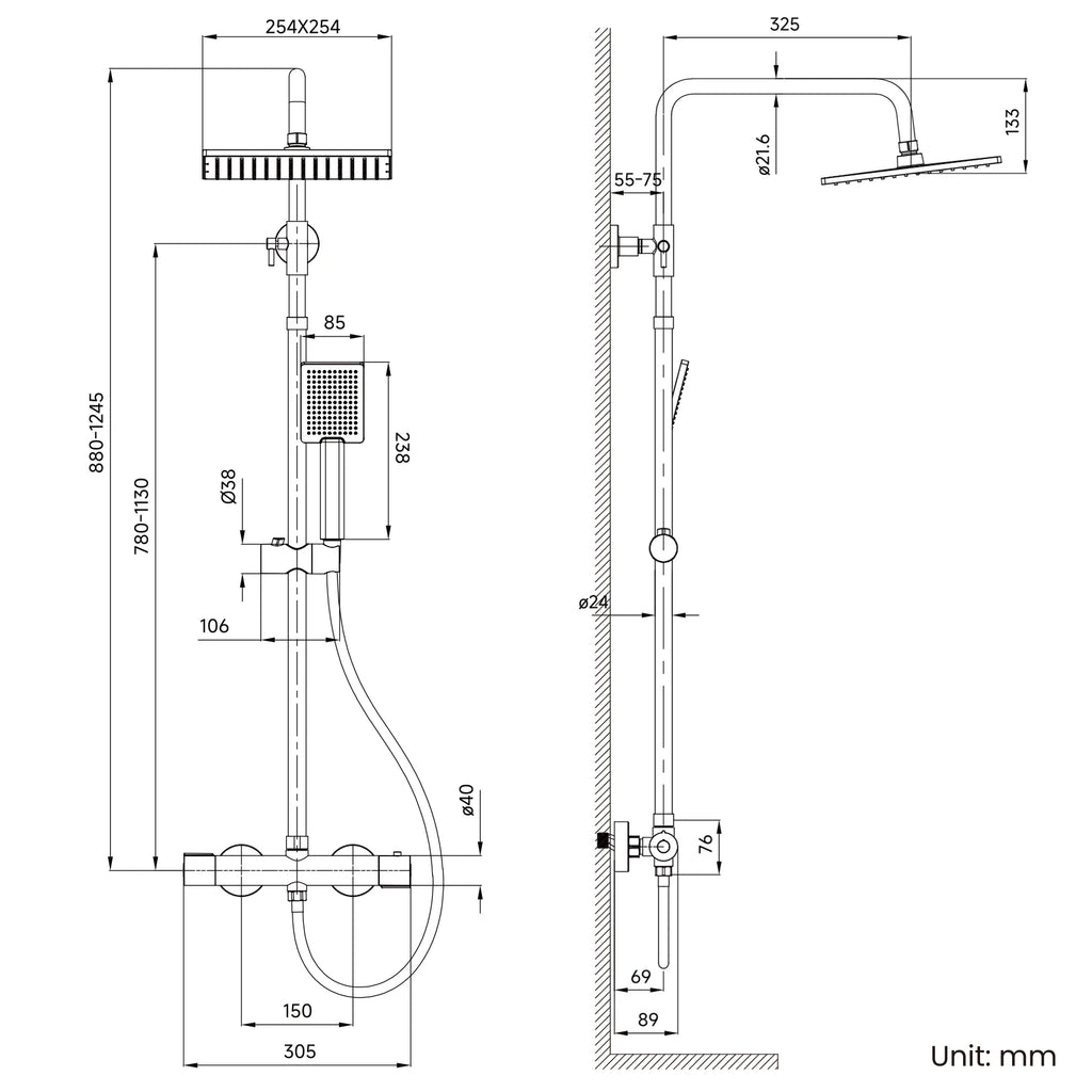 Shower bar with thermostatic mixer tap, anti-scald mixer tap, 25x25 cm shower, adjustable shower bar without drilling, Black