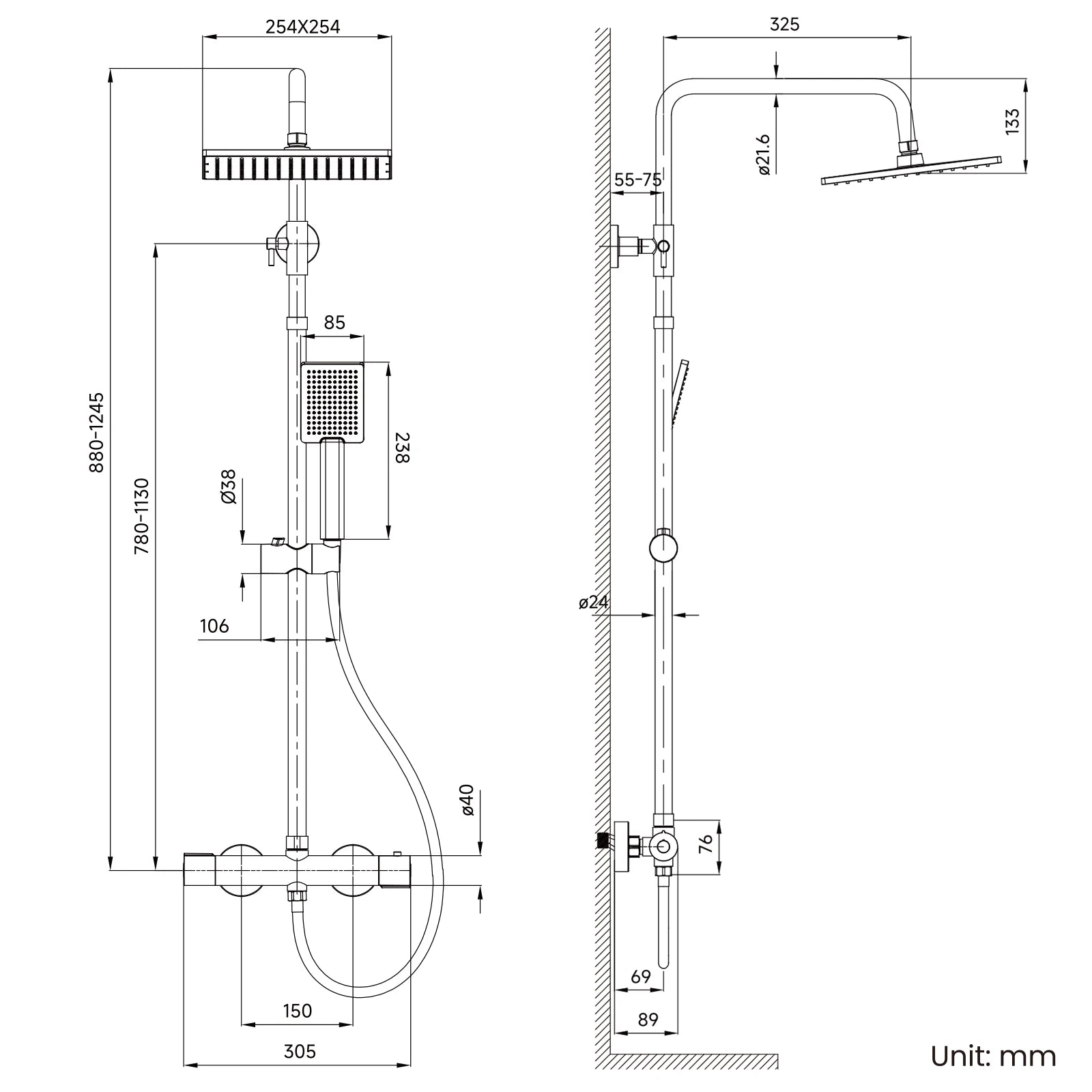 Shower bar with thermostatic mixer tap, anti-scald mixer tap, 25x25 cm shower, adjustable shower bar without drilling, Black