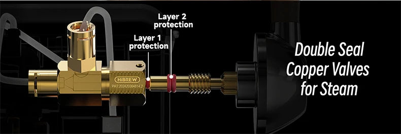 HiBREW espresso machine double seal copper steam valve mechanism with two-layer protective rings on black background.