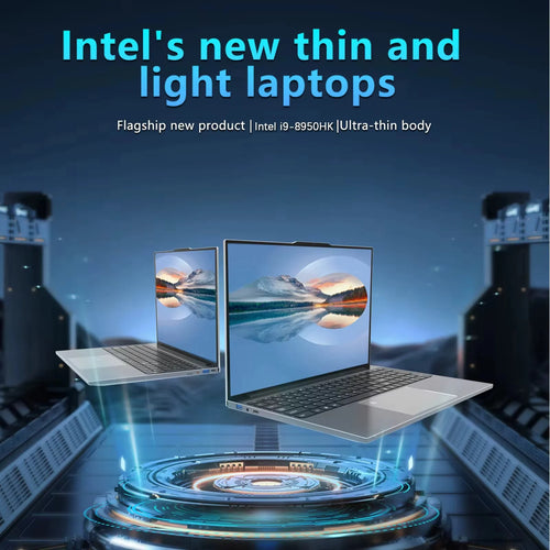 Silver thin-bezel laptop with black keyboard, trackpad, and side ports, hovering over a sci-fi glowing platform.