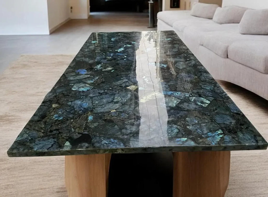 Labradorite gemstone coffee table top with blue-black stone pattern and polished edges
