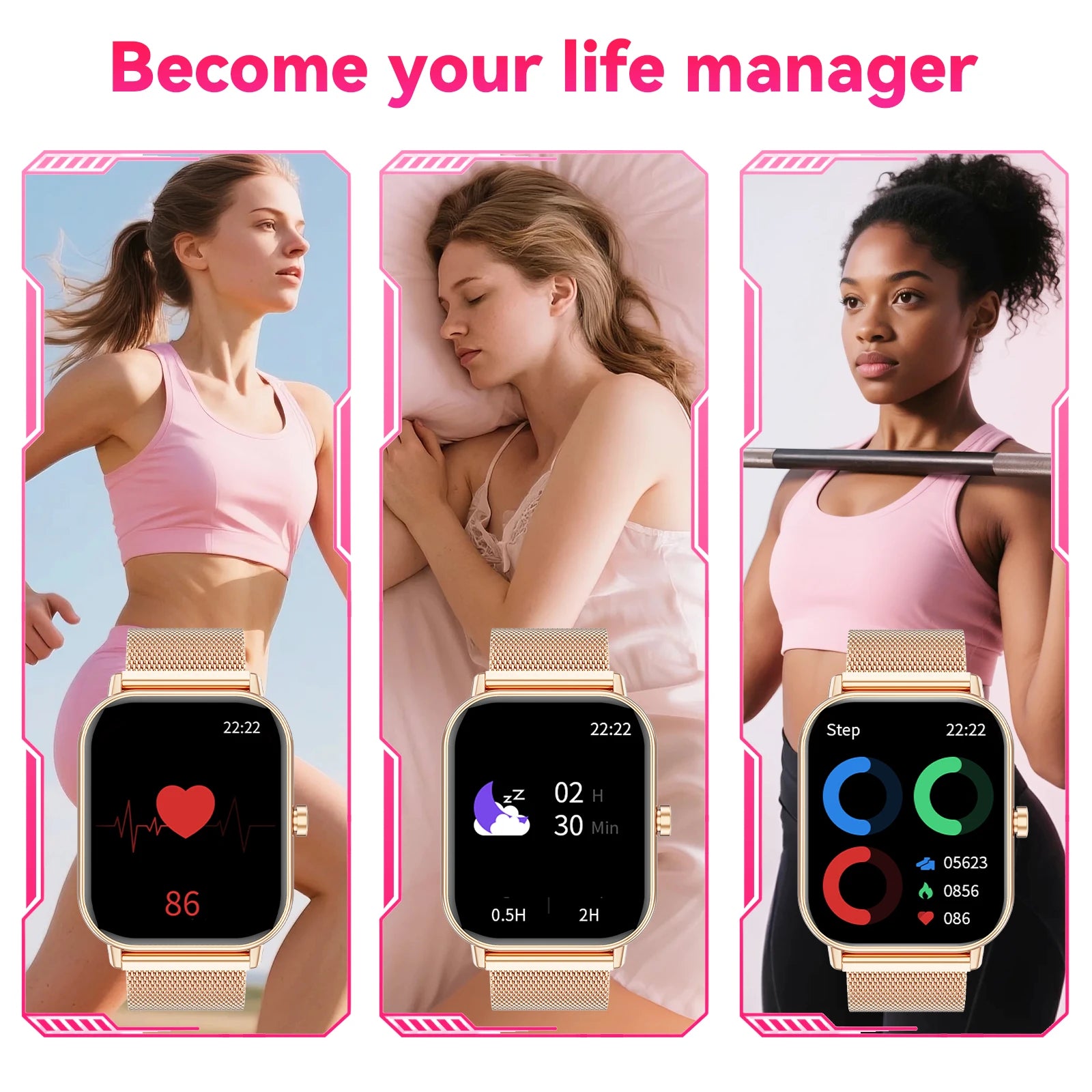 Women Fashion Smart Watch 1.85 Full Screen Bluetooth Calling Smartwatch Sleep Blood Oxygen Monitor Milan Strap Health Fitness