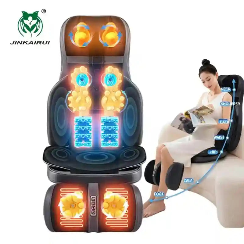 Black massage chair pad with heat, kneading nodes, and foot massager, featuring a diagram of full-body massage points.
