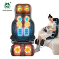 Black massage chair pad with heat, kneading nodes, and foot massager, featuring a diagram of full-body massage points.