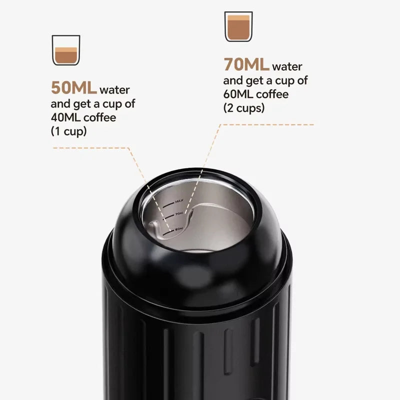 Black portable coffee maker with metal water reservoir showing 50ml and 70ml capacity markings for brewing.