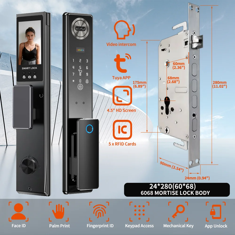 Tuya App Face Recognition Smart Door Lock with WiFi, Camera, and Voice Intercom