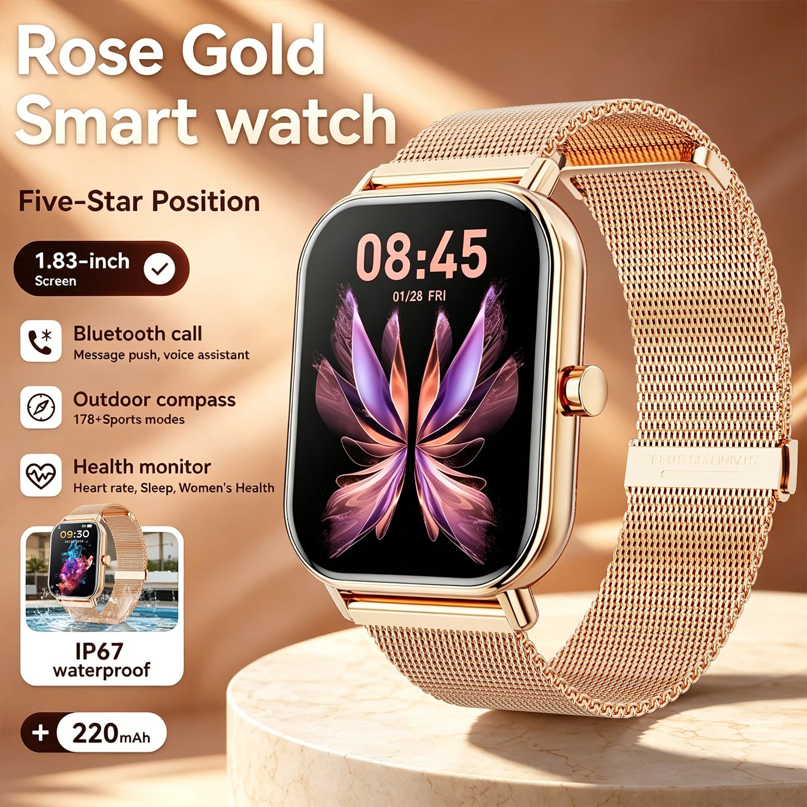 Women Fashion Smart Watch 1.85 Full Screen Bluetooth Calling Smartwatch Sleep Blood Oxygen Monitor Milan Strap Health Fitness