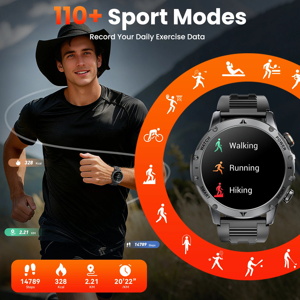 Men Military Smart Watch 1100mAh Large Battery 30 Days Standby Bluetooth Call Flashlight Compass 1.7" TFT HD 360*360 Screen IP68 Waterproof Sports Smartwatch 100+ Sport Modes Heart Rate Sleep Monitor Fitness Tracker For Andro