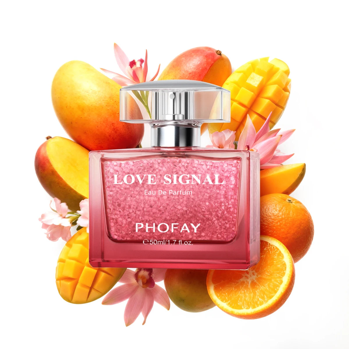 Phofay Love Signal EDP 50ml: Long-lasting unisex perfume in a square glass bottle with mango and orange fruit notes.