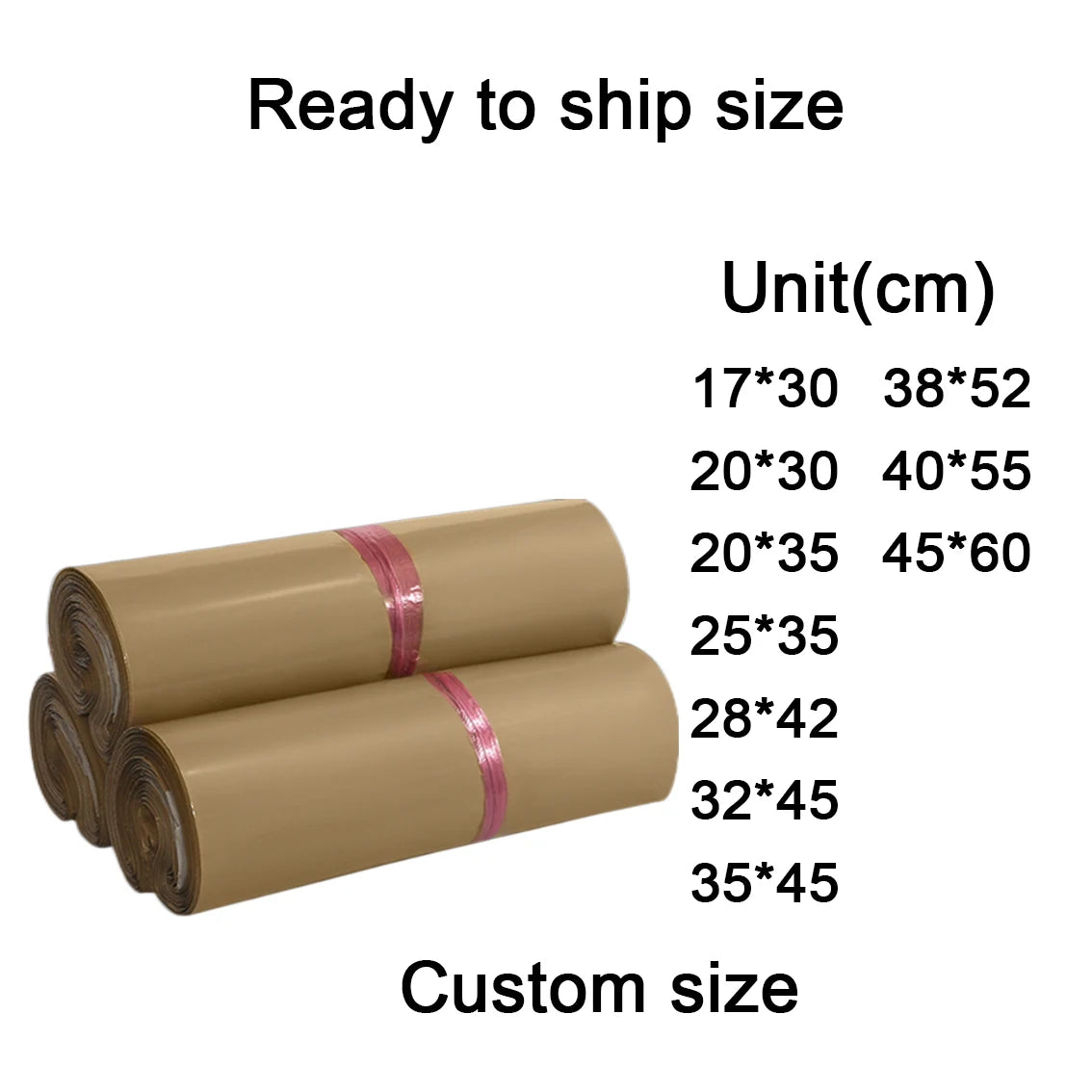 Tan poly mailing bag rolls, ready to ship size chart, waterproof shipping packaging
