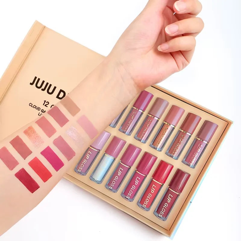 12-piece nude lipstick set with matte, glossy, metallic, and pearly finishes swatched on an arm. Lip makeup kit.