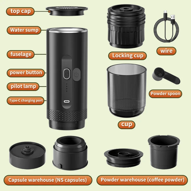 Black portable electric espresso maker with parts labeled including Type-C charging, locking cup, and coffee adapters.