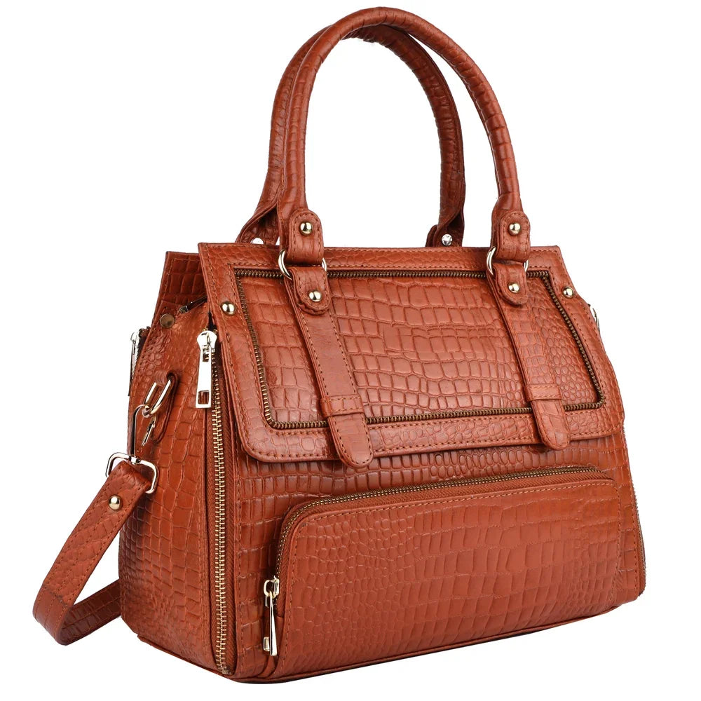 Brown crocodile-pattern PU leather designer handbag with durable gold-tone zippers and removable crossbody strap.