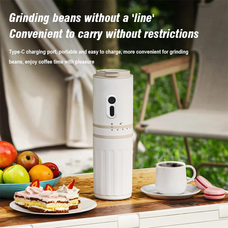 Portable white electric coffee bean grinder with Type-C charging, sleek cylinder design for travel and camping.