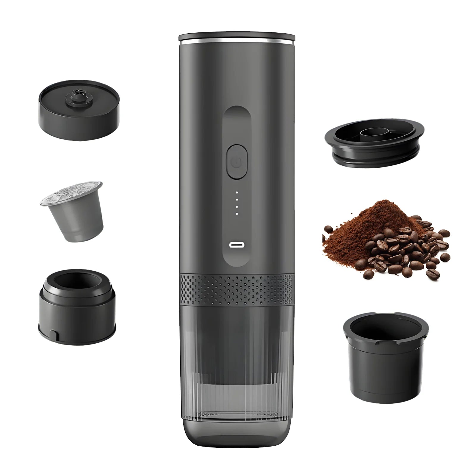 Portable matte black electric espresso maker with coffee pod adapter, grounds basket, and USB-C charging port.