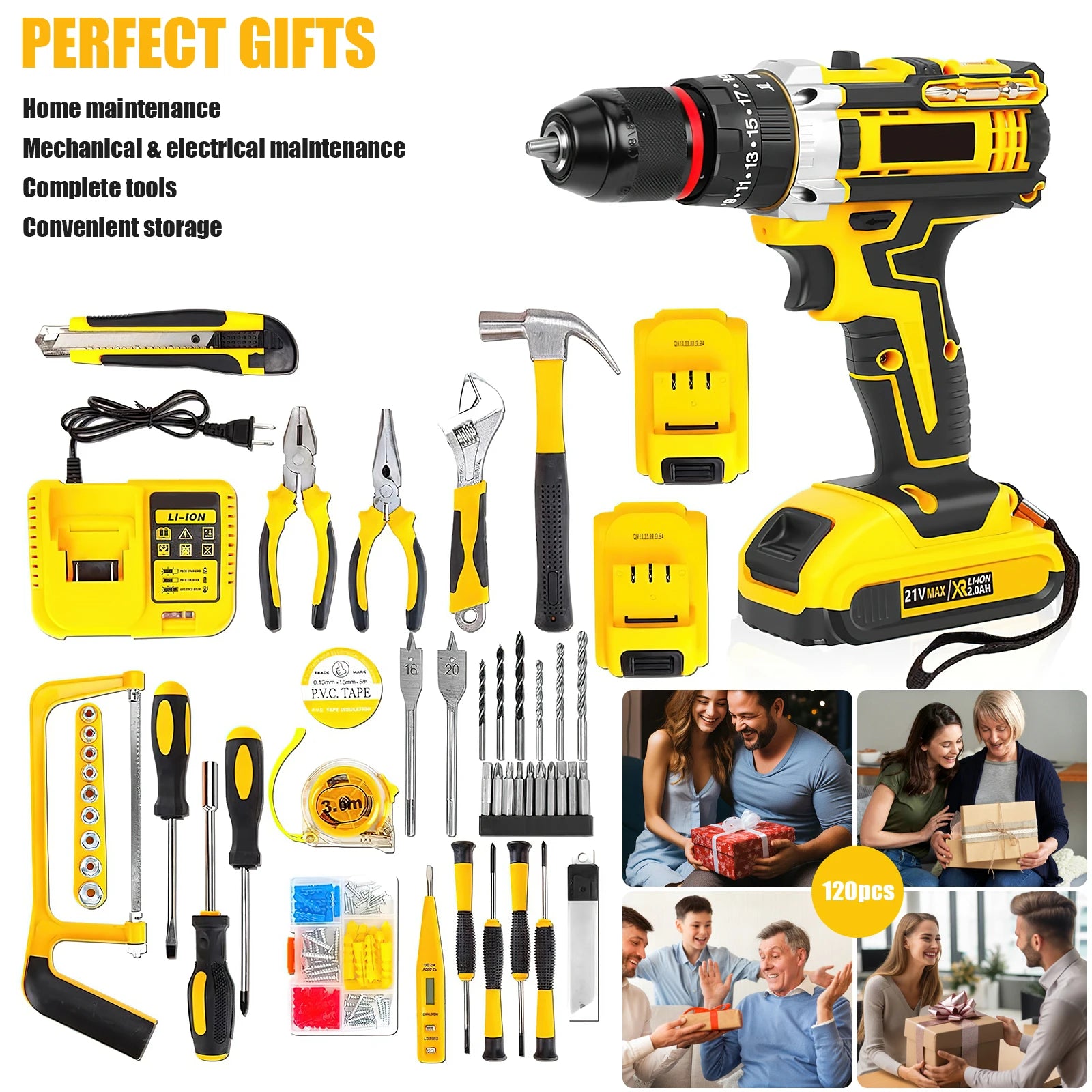 25+3 Torque Electric Impact Drill Set 120 Pcs Multipurpose Cordless Electric Screwdriver Power Tool For 21V Battery Pin