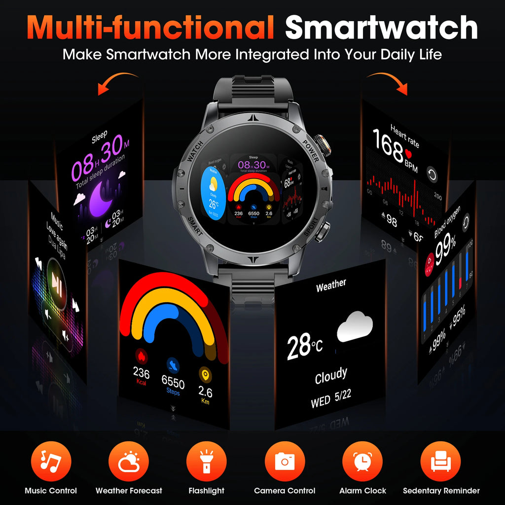 Men Military Smart Watch 1100mAh Large Battery 30 Days Standby Bluetooth Call Flashlight Compass 1.7" TFT HD 360*360 Screen IP68 Waterproof Sports Smartwatch 100+ Sport Modes Heart Rate Sleep Monitor Fitness Tracker For Andro