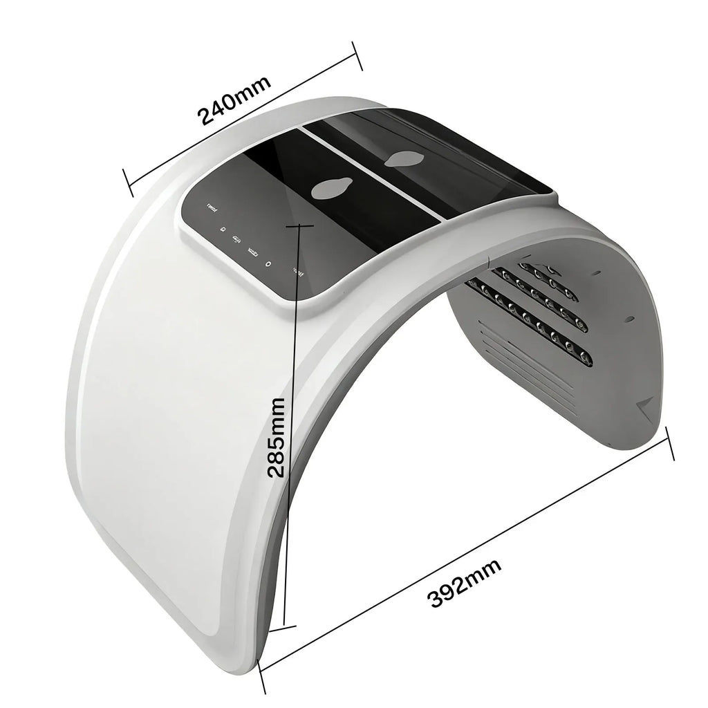 7-color LED PDT facial rejuvenation spa device with dimensions shown, white arched design for home skin care treatment.