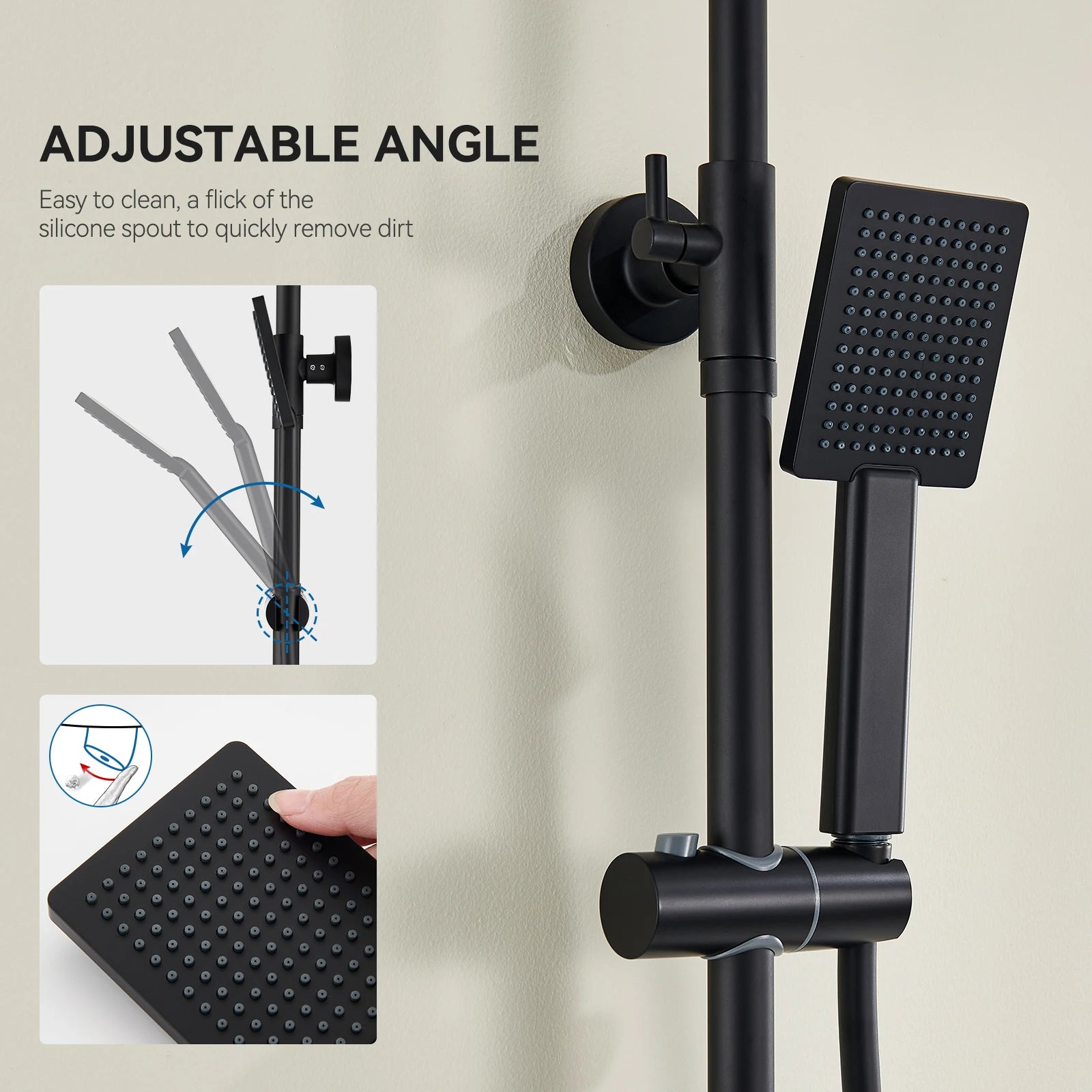 Shower bar with thermostatic mixer tap, anti-scald mixer tap, 25x25 cm shower, adjustable shower bar without drilling, Black