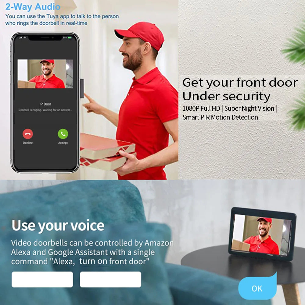 Support Tuya app WiFi visual intercom doorbell system 7/10 inch touch screen indoor monitoring intelligent villa home security