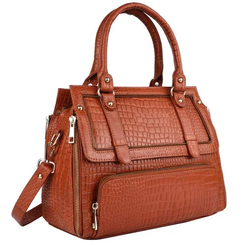 Brown crocodile-pattern PU leather designer handbag with durable zipper pockets, top handles, and crossbody strap.