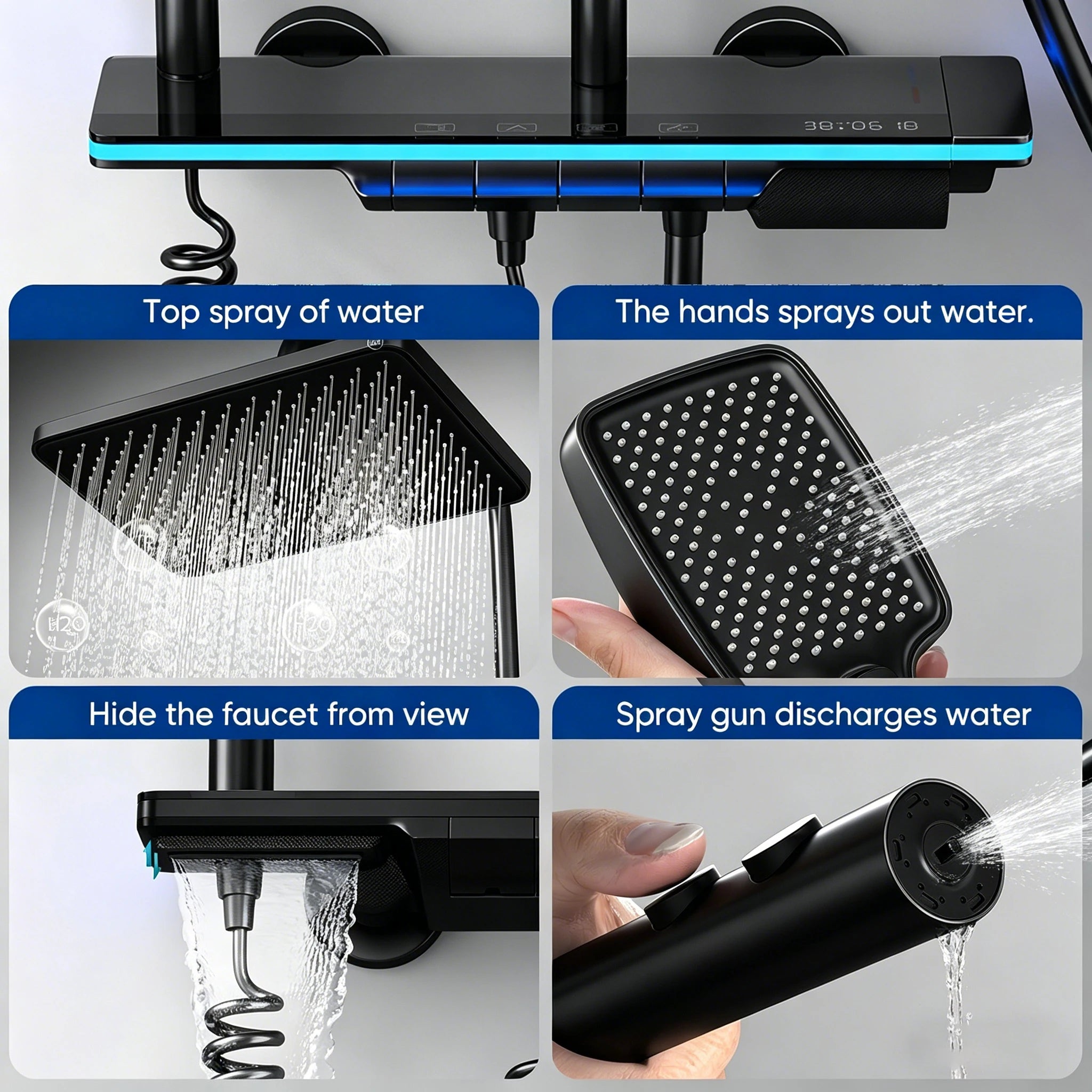 Bathroom Shower System Adjustable Temperature Black Tempered Glass Shower Set Digital Display Ambient Light Copper Mixer Shower