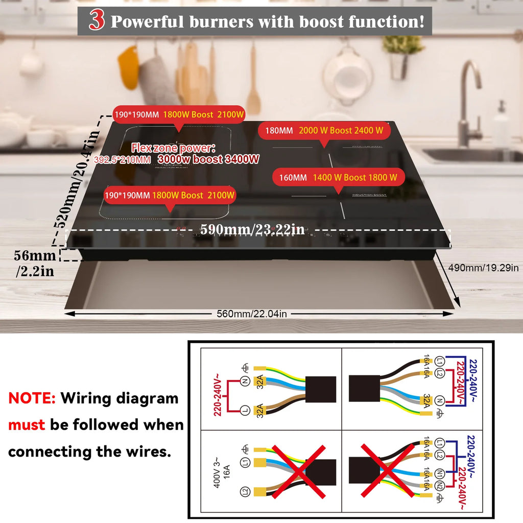 Black built-in induction cooktop with size measurements and wiring diagram