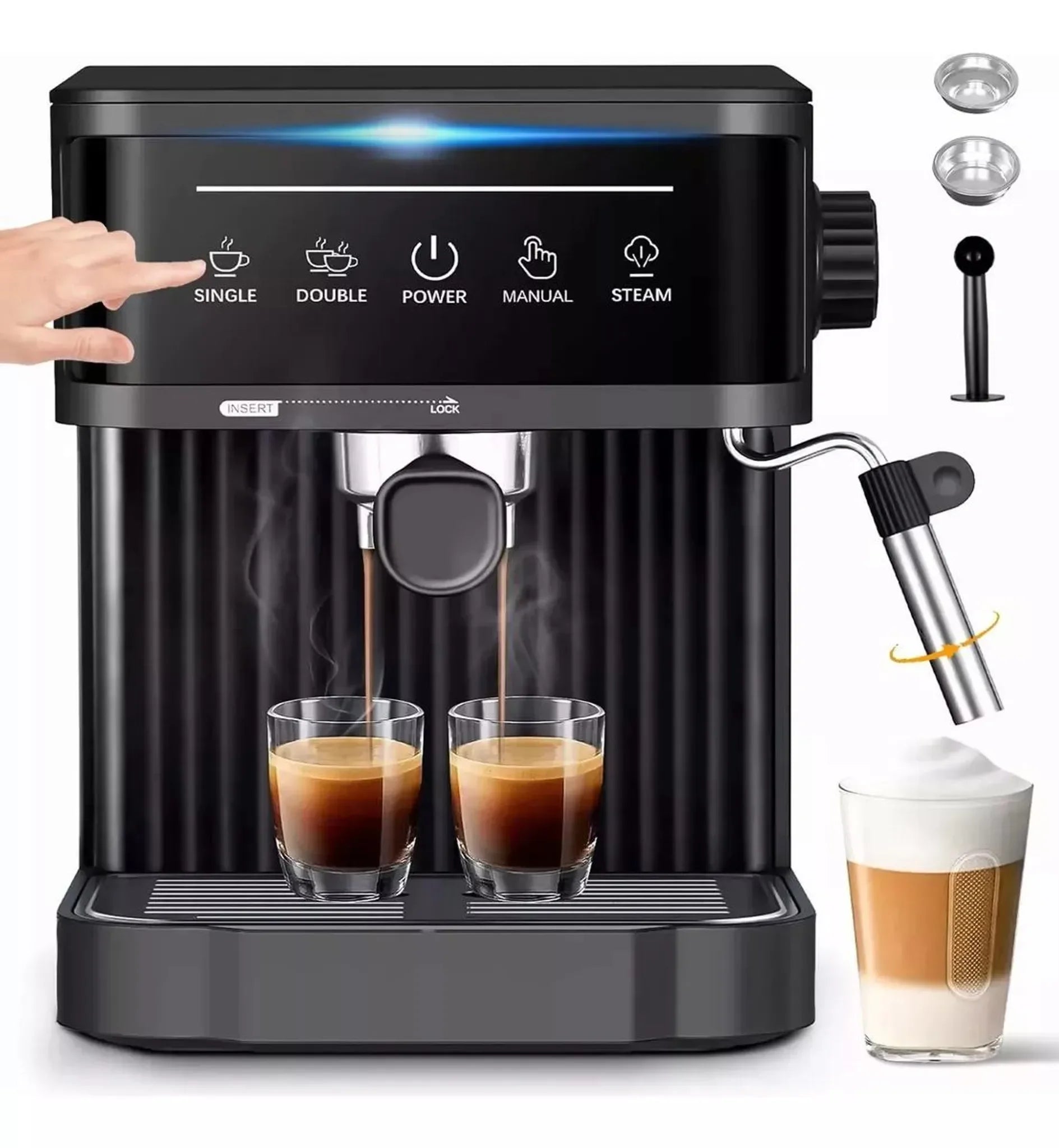 Black modern espresso coffee machine with touch control panel, steam wand, and dual shot brewing capability.