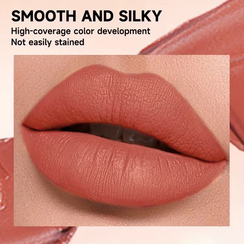 Close-up of matte nude lipstick on lips, showing smooth, long-lasting high-coverage pigment and silky texture.