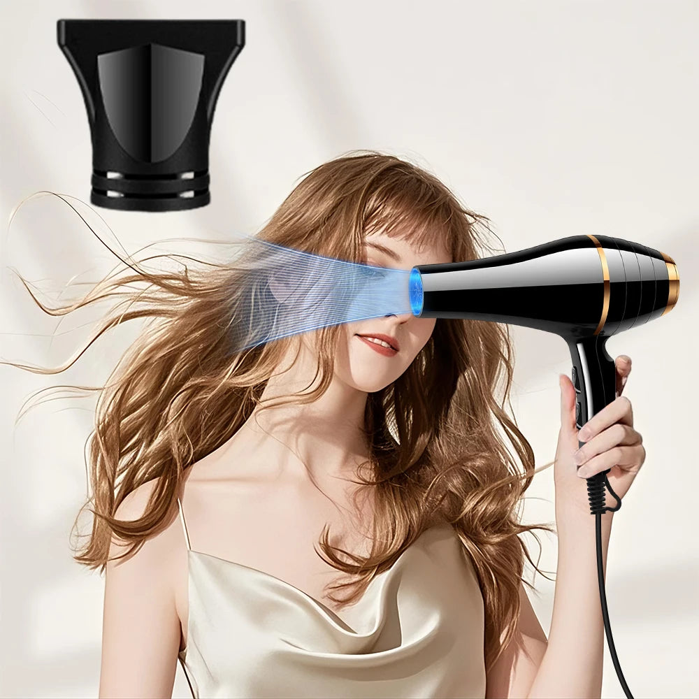 1800W professional ionic hair dryer in black with gold accents, concentrator nozzle, for fast, quiet hair drying.