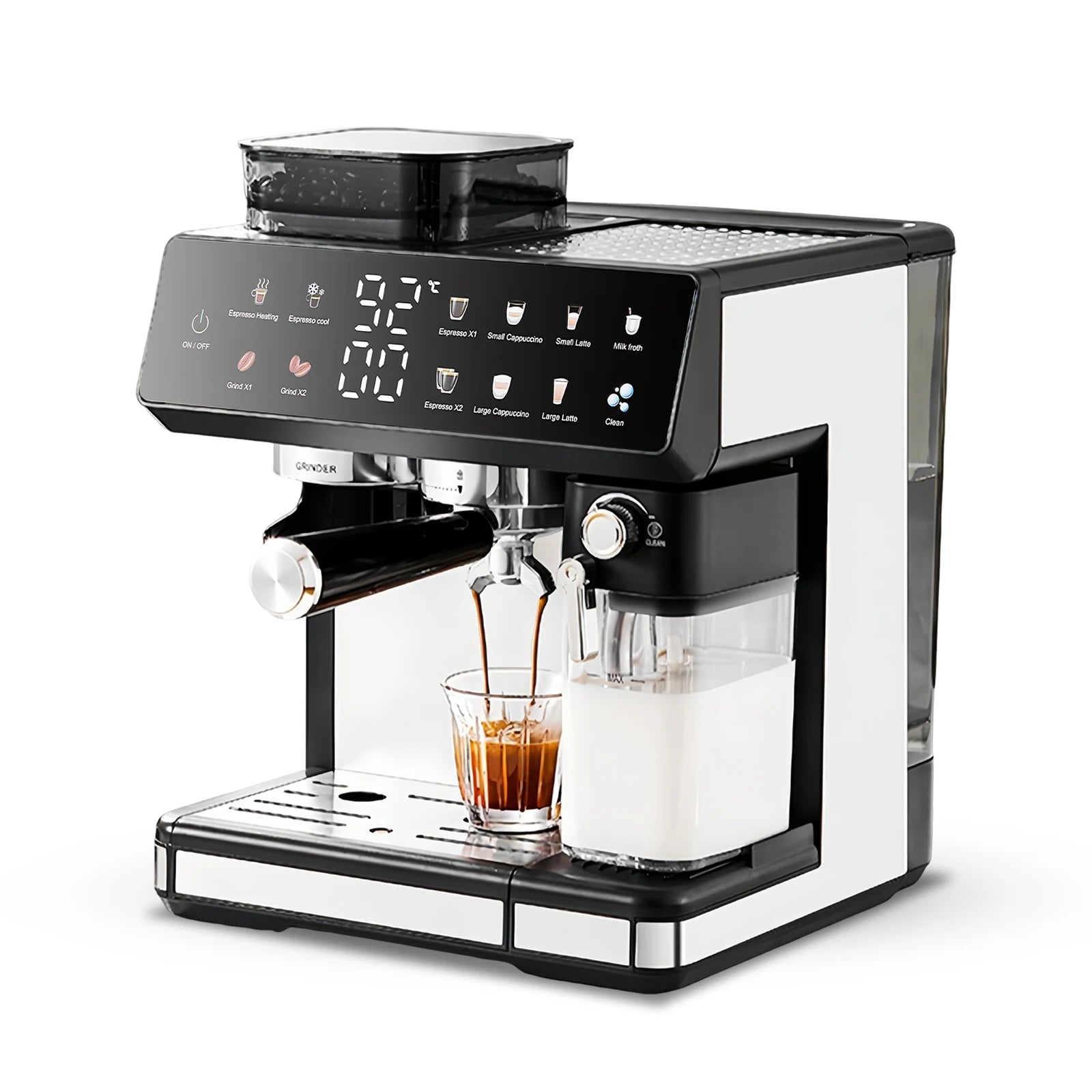 Black and white automatic espresso machine with integrated grinder, milk frother, and digital touchscreen interface.
