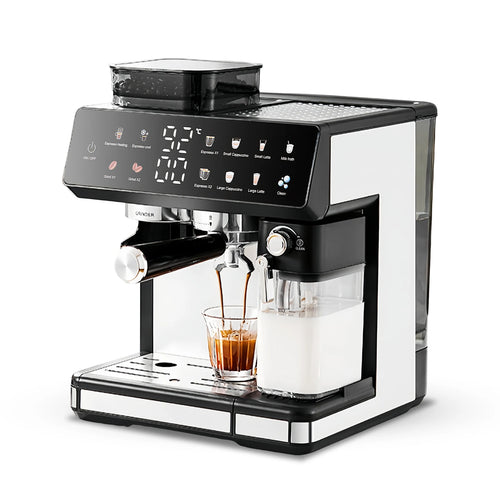 Black and white automatic espresso machine with integrated grinder, milk frother, and digital touchscreen interface.