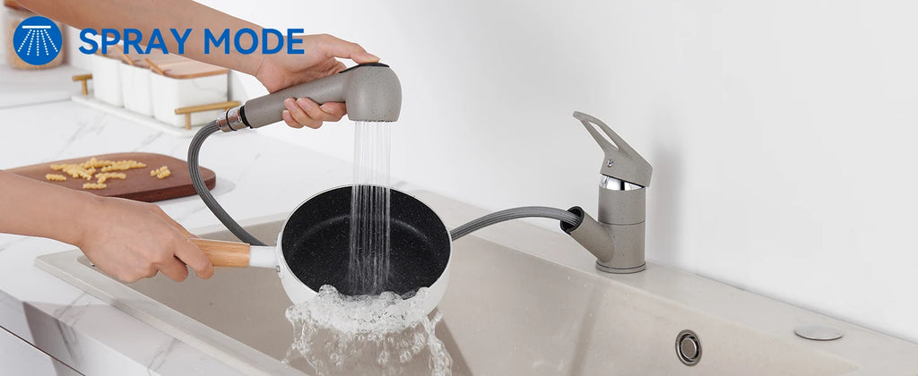Kitchen Tap Grey, Pipe Shape Pull Out Kitchen Faucet 180 Swivel, 2 Modes Spray Hot Cold Water Mixer, Brass Body Drink Water Sink Mixer, Easy Install PEX Hose, Standard G3/8 Modern Home Laundry Deck Mounted Water Tap