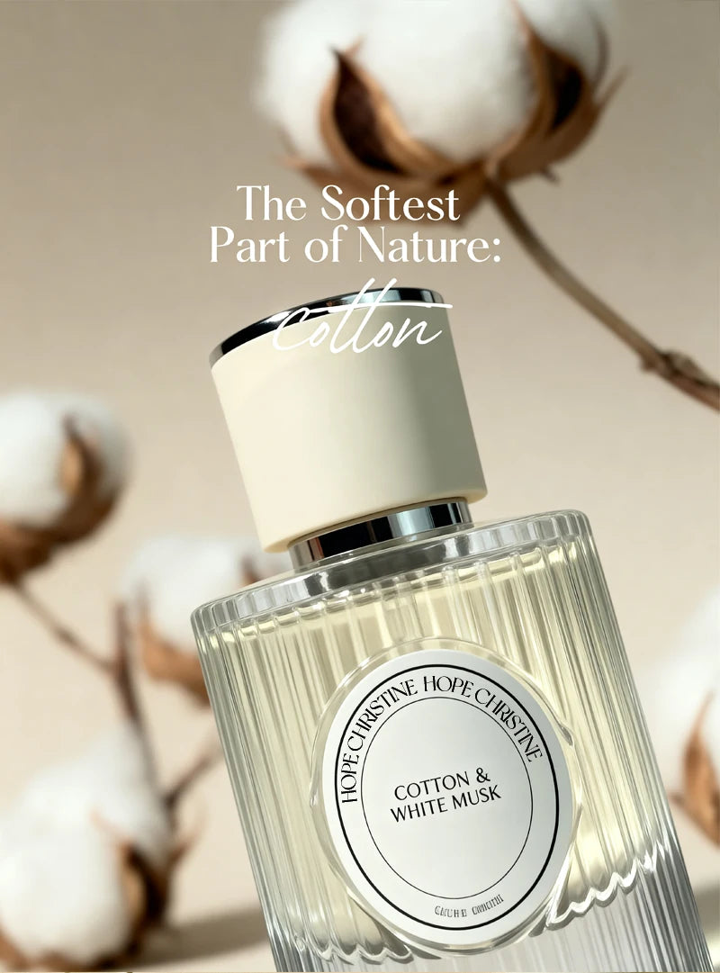 Hope Christine Cotton & White Musk unisex perfume in a ribbed glass bottle, fresh soap-scented long-lasting fragrance.
