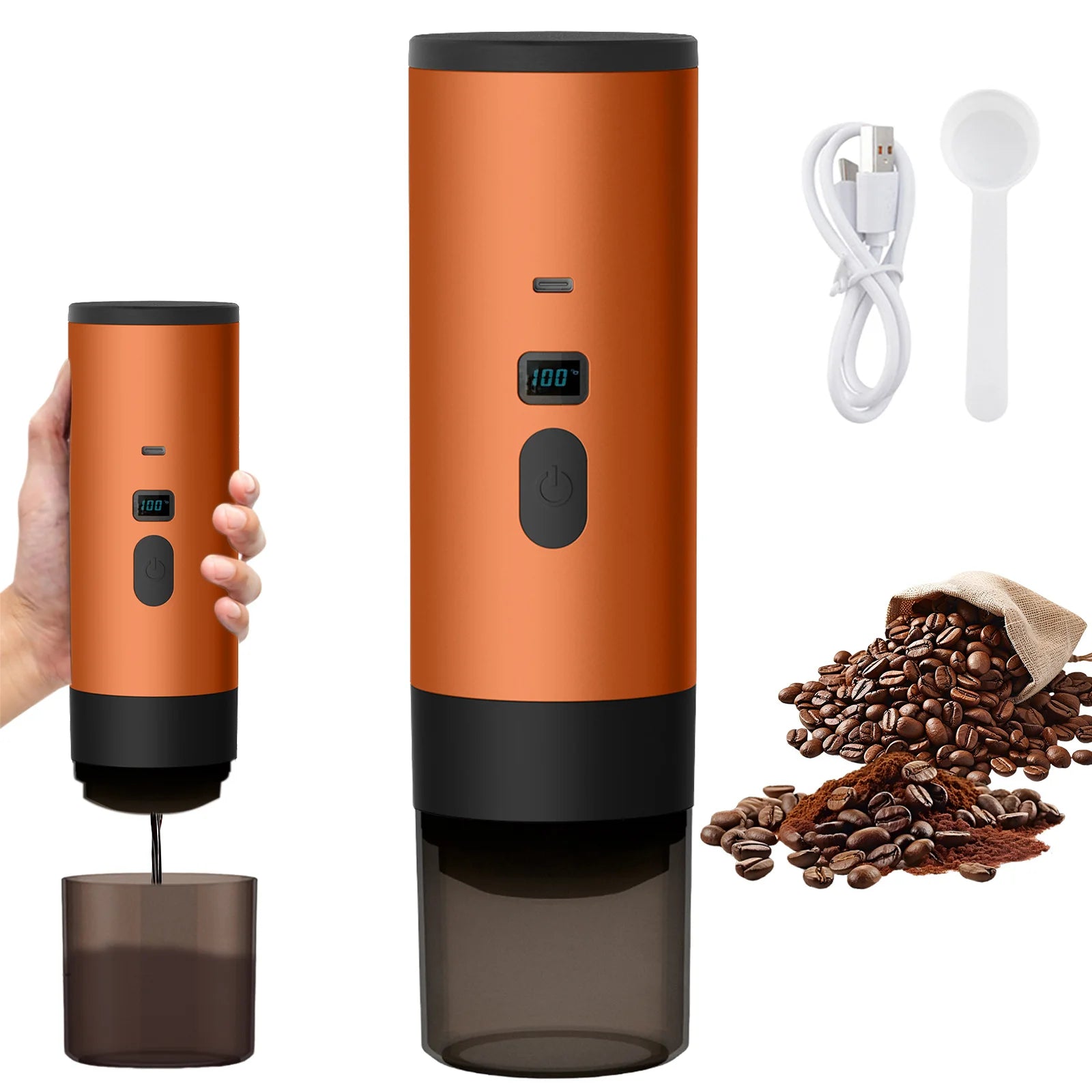 Portable orange electric coffee grinder with digital display, USB charging cable, and measuring scoop.