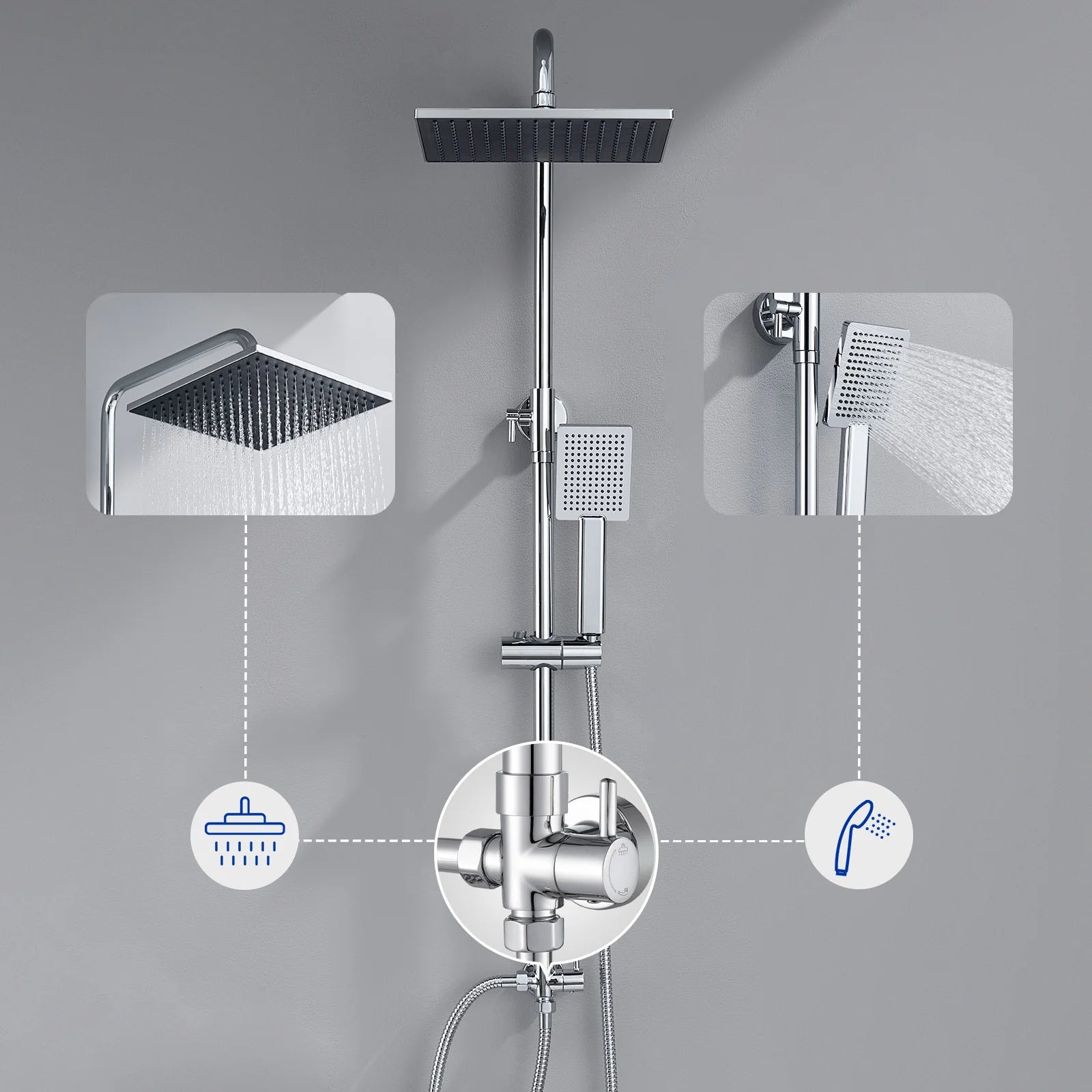 Shower column without mixer tap, chrome finish, 25cm overhead shower, easy installation, adjustable shower bar, 72-110cm