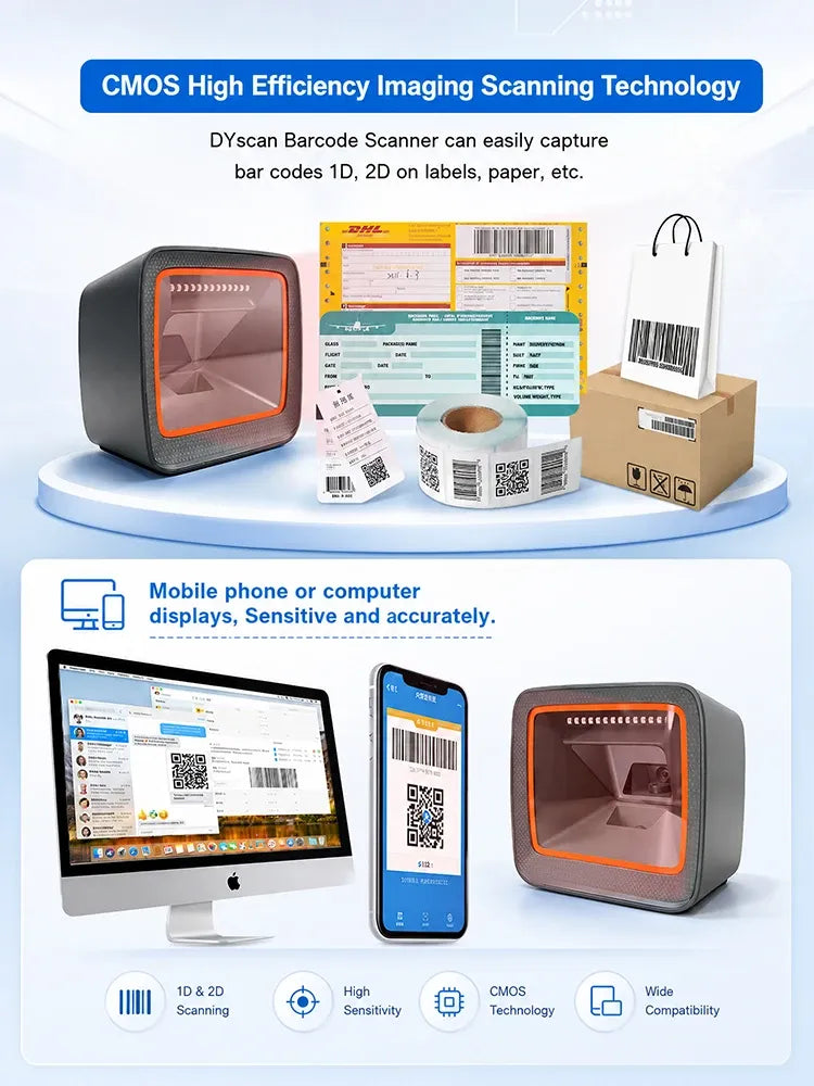 Desktop 2D barcode scanner with orange border and front imaging window
