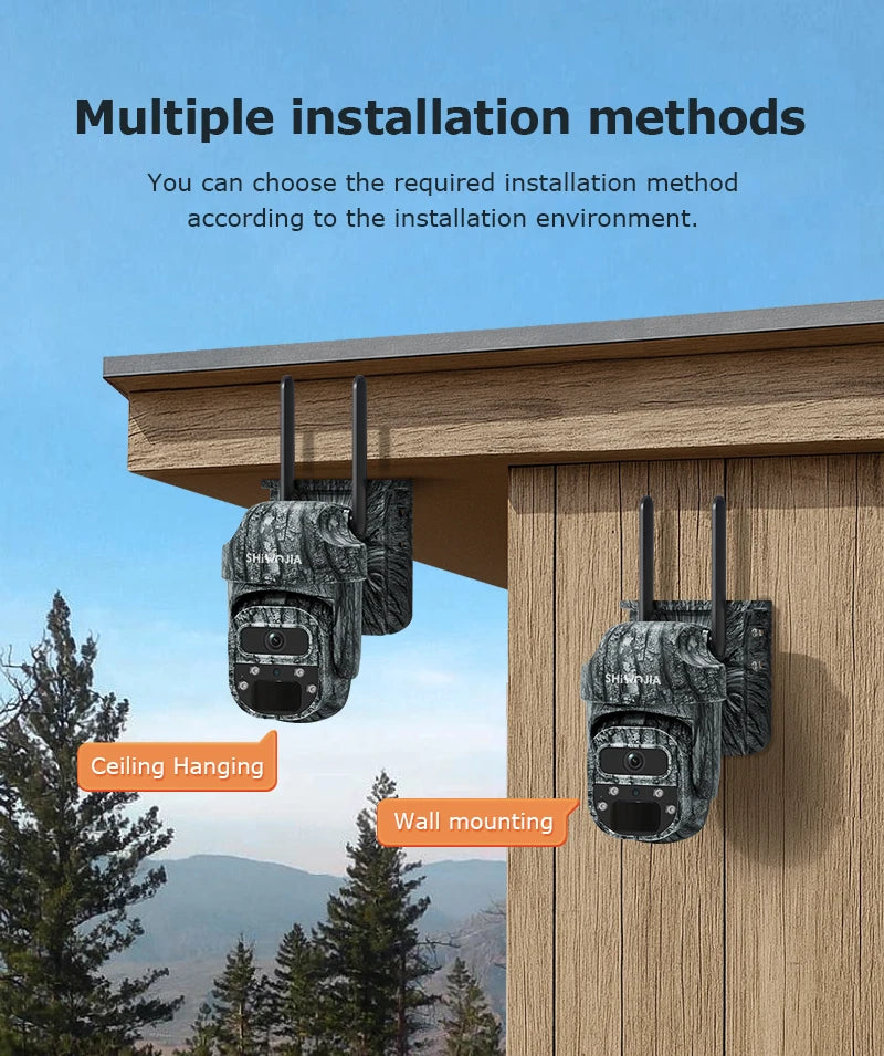 SHIWOJIA Mini PTZ Camouflage Solar Camera 4G WiFi IP65 Wide Angle AI Animal Detection Trail CCTV Security for Hunting Outdoor