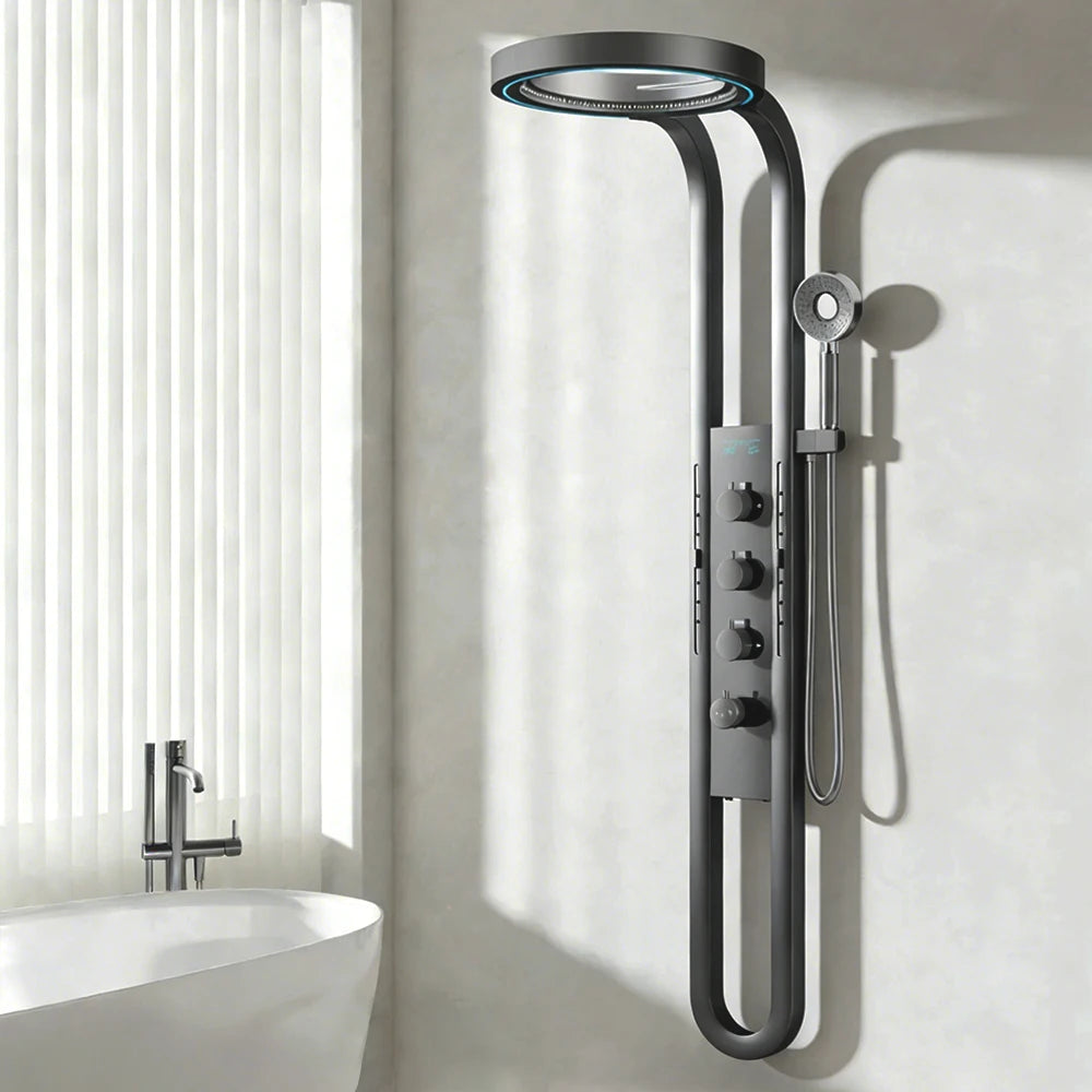 Bathroom Light Shower Faucet Panel LED Digital Display Shower Faucet Set Shower Screen Waterfall Wall Mounted Shower System Set