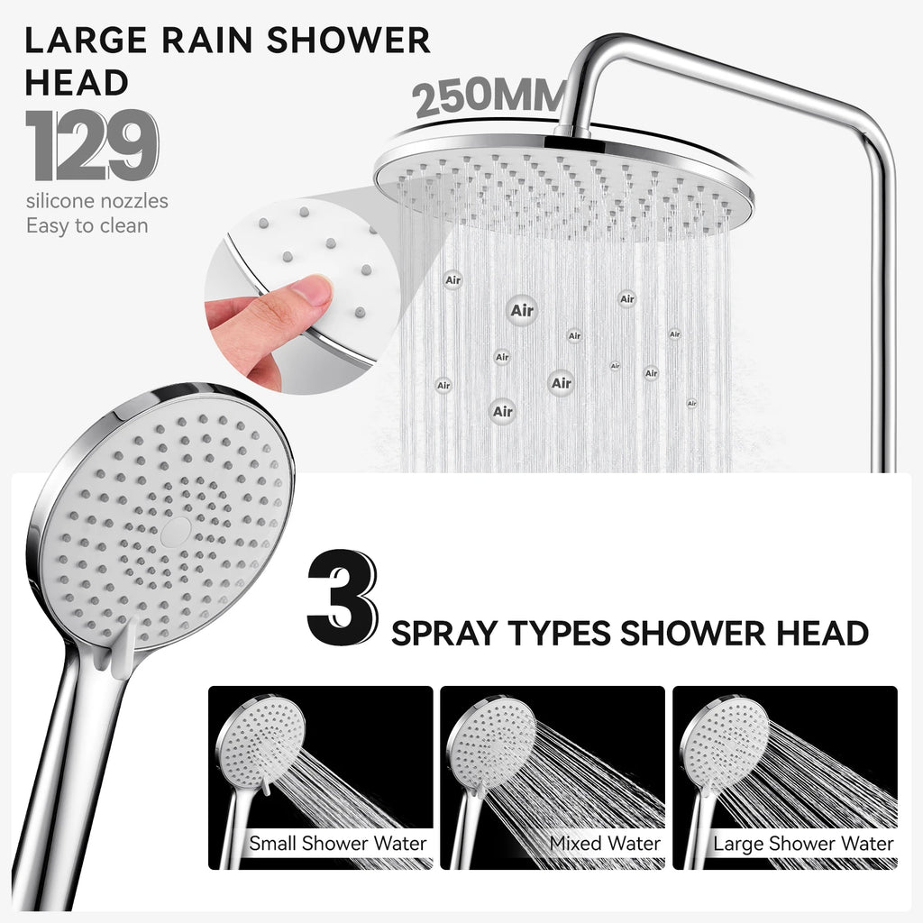 Auralum Shower Column With Thermostatic Tap, 38°C Brass Mixer, Shower Head 25 × 25 Cm, Height Adjustable 102-125cC, Chrome