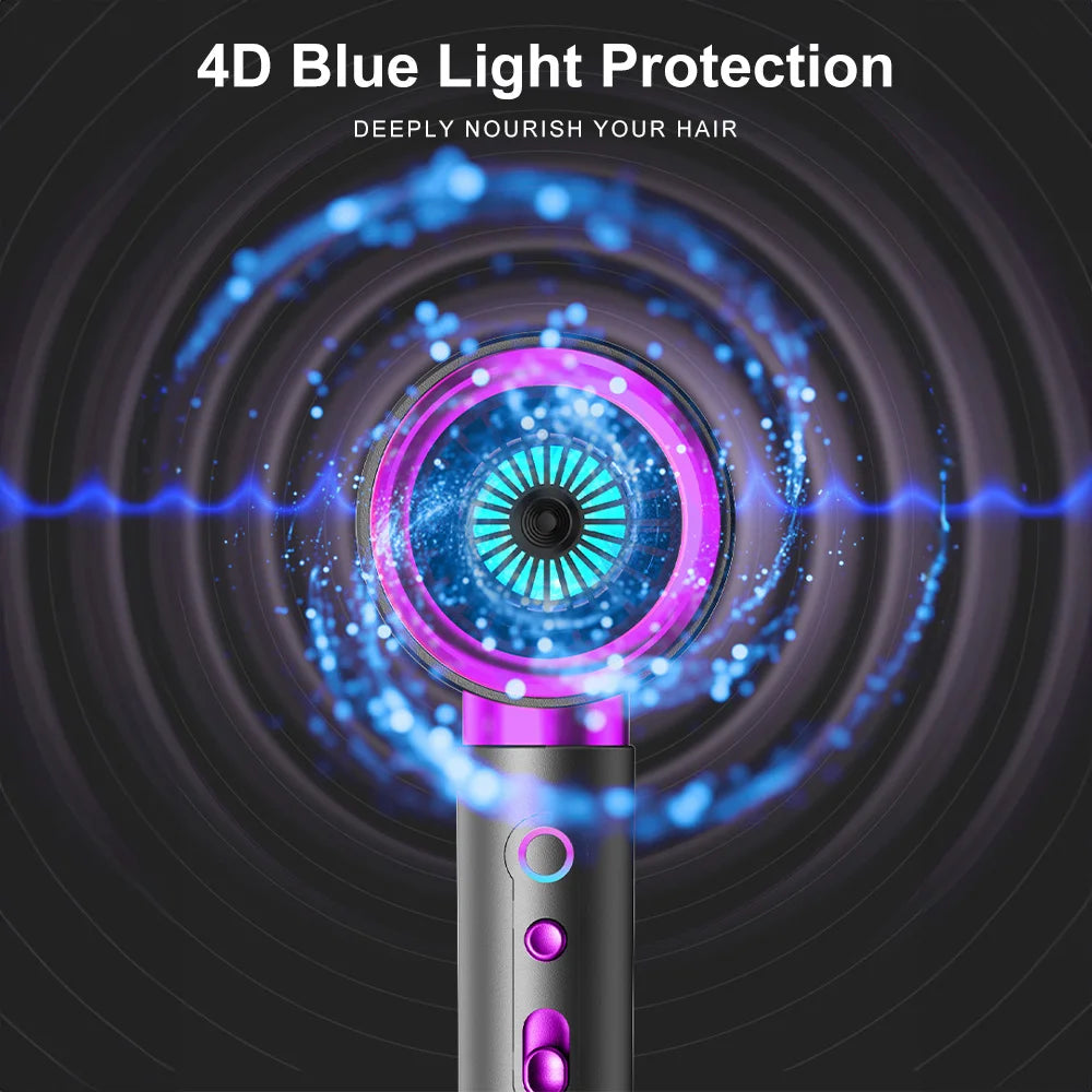 2400W professional hair dryer with 4D blue light tech, purple accents, and sleek high-speed drying design.